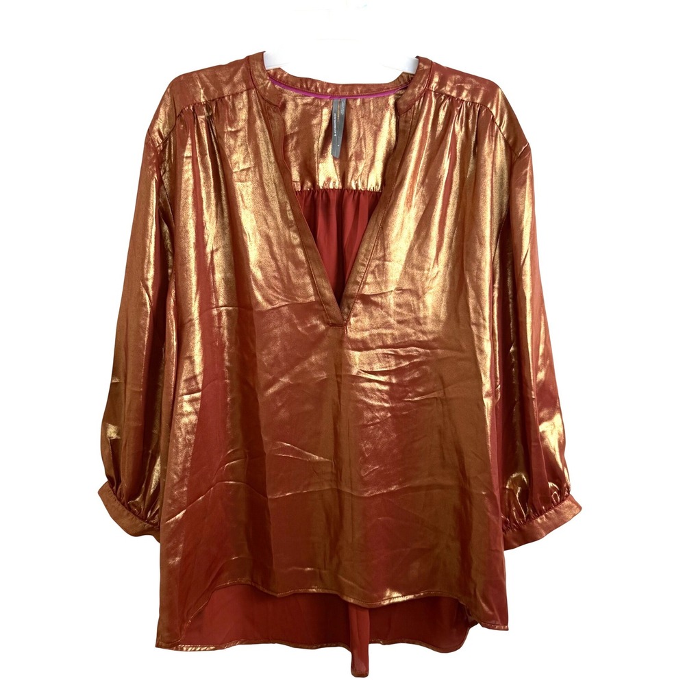 Anthropologie Metallic‎ Copper Gold Tunic Blouse Boho Glam Festival Size L